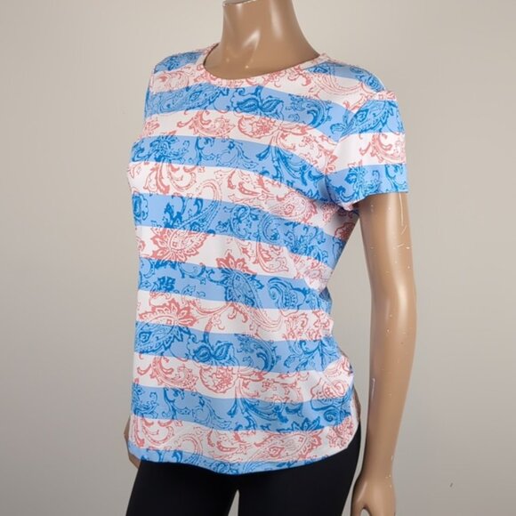 J. McLaughlin Tshirt Paisley Striped Short Sleeve Coral Summer Resortwear Top - Picture 3 of 9